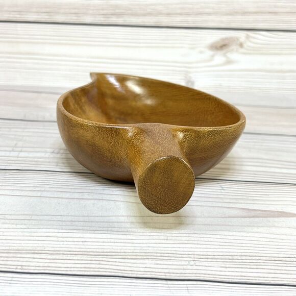 Vintage Wooden Leaf Shape Monkey Pod 9.5” Wood Bowl Nut Dish Scoop Ladle Acorn - Picture 12 of 13